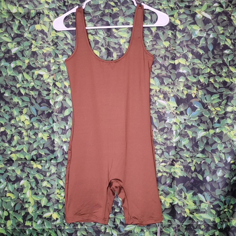 Lufeng Overall One Piece Shorts Womens Small Fitted Brown Tank Top